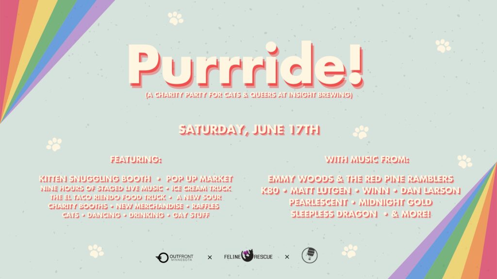 Event poster for Purrride! at Insight Brewing listing featured guests and music with a rainbow and pawprint background